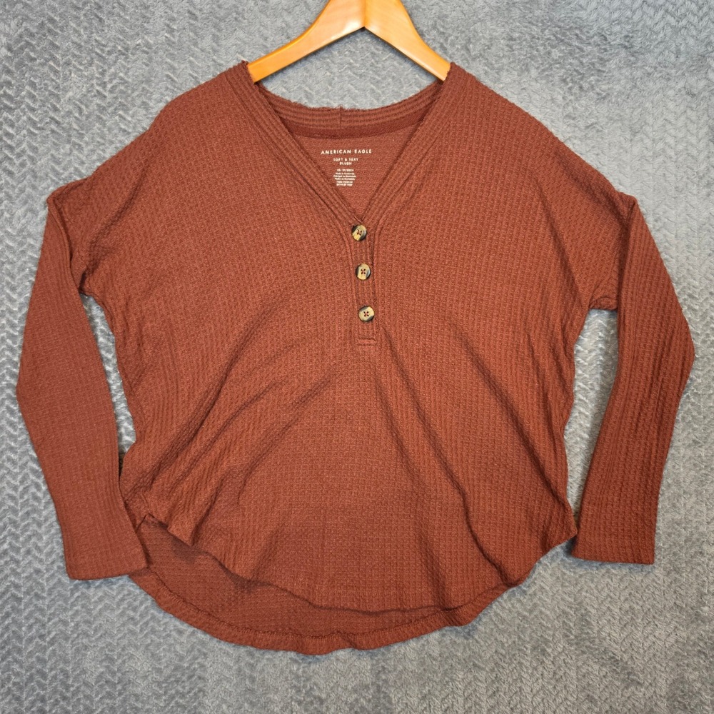 Cozy Boho American Eagle Soft & Sexy Plush Waffle Knit Henley Top Rust Brown XS
